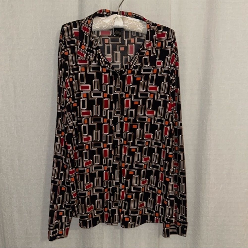 LB 26/28 Black Geometrical Print Button Down Jersey Material Long Sleeve Shirt
